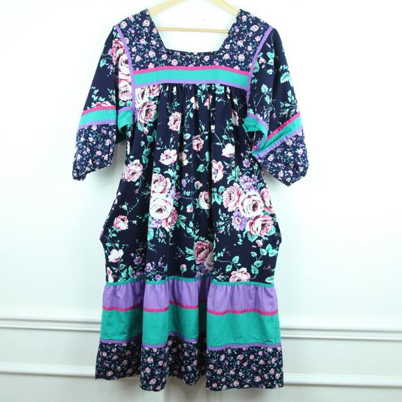 Vintage Small MuMu Caftan Dress Cottagecore Peasant Floral Midi Western Cotton - Picture 1 of 9
